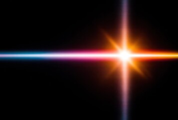 Bright, intersecting light beams with colorful gradient against a black background