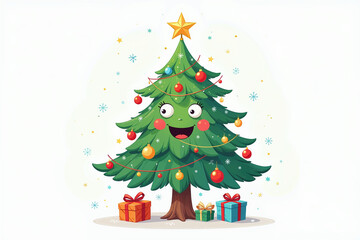 Fototapeta premium A cartoon Christmas tree with a smiling face is decorated with red and gold ornaments, surrounded by presents on a white background with snowflakes.