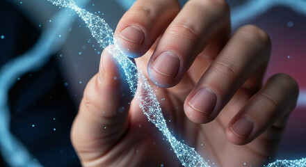 Genetic Technology and Bio Hacking Human Hand Gently Grasping Luminous Blue Double Helix Strand of Digital DNHighlighting Biotechnology Genomics and Scientific Innovation