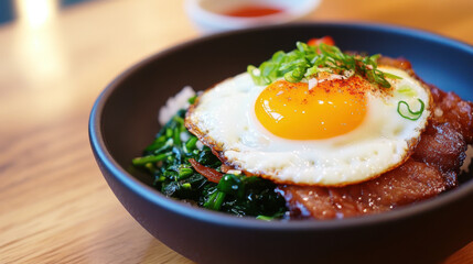 Close Up Delicious Fried Egg with Meat Bowl on Wood Table