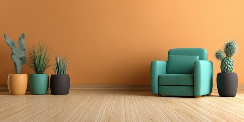A cozy interior scene with a teal armchair, plants, and a warm orange wall and light wood flooring