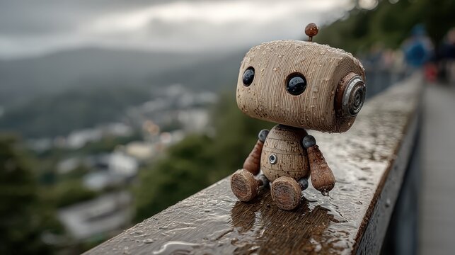 Whimsical wooden robot sits wistfully on wet railing overlooking misty valley, evoking childhood nostalgia and quiet reflection