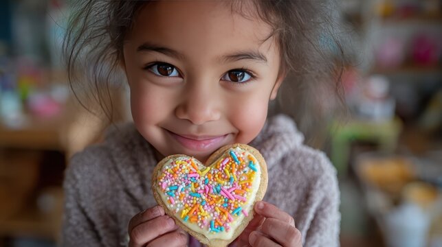 Joyful little girl with wide smile proudly holding a delicious heart shaped cookie decorated with colorful sprinkles
