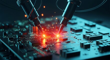 Precision robotic arms performing intricate soldering on a futuristic circuit board, sparks flying in a vibrant, high-tech manufacturing scene