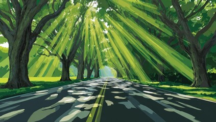 A sunlit road lined with trees, the light beaming through the canopy