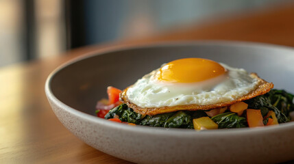 Close Up Culinary Fried Egg Over Spinach and Vegetables Dish