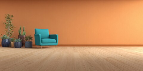 Interior scene with teal armchair, plants, and wooden floor against an orange wall