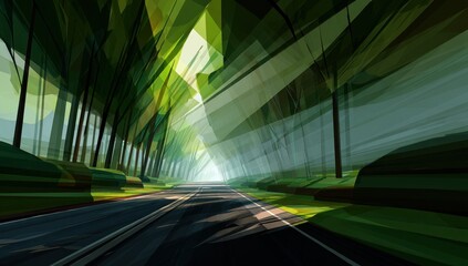 An illustration depicting a road disappearing into a bright, stylized green and light-filled tunnel