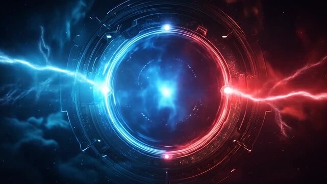 Abstract blue and red energy vortex with dynamic lightning effects
