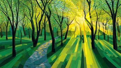 A stylized illustration of a sunlit forest path with vibrant greens and a bright sky
