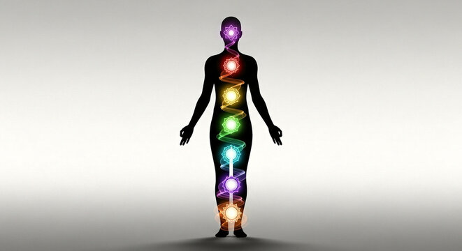 Silhouetted human figure with seven glowing chakra symbols aligned along central axis representing energy centers in spiritual and holistic health practices