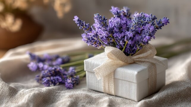 Elegant white gift box adorned with a delicate ribbon and fresh lavender bouquet, evoking serenity and thoughtful gifting.