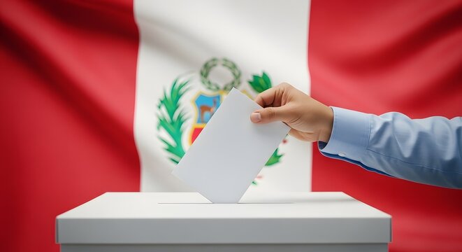 Hand casting a ballot into a ballot box with the Peruvian flag in the background, representing elections and democratic process in Peru.