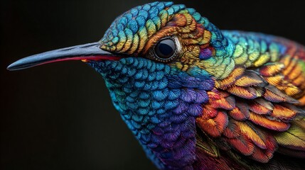 rainbow hummingbird with fantasy long tail and luminous petals, exotic iridescent bird approaching delicate flower, surreal tropical hummingbird in fantasy bloom scene