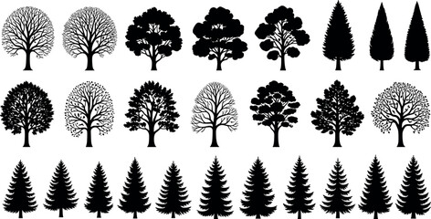 Set of black and white tree silhouettes with diverse shapes, leafless branches, coniferous forms, perfect for nature and design themes.