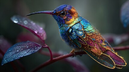 rainbow hummingbird with fantasy long tail and luminous petals, exotic iridescent bird approaching delicate flower, surreal tropical hummingbird in fantasy bloom scene