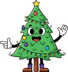 Cartoon Christmas tree character with smiling face, festive lights, ornaments, gloves, boots, and star—perfect for holiday celebration vector content.