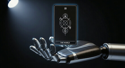 Robotic Oracles Gaze Chrome and Carbon Fiber Hand Presents the Mystical "The World" Tarot Card with Alchemical Symbols and Hypnotic Spotlight on Dark Futuristic Background