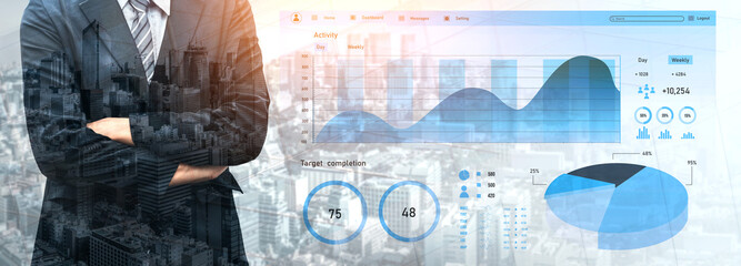 Professional Businessman Overlooking Cityscape with Data Visualization and Graphs Depicting Financial Growth and Activity Insights Impute.
