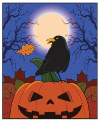 A haunted bird sits on top of a pumpkin.
