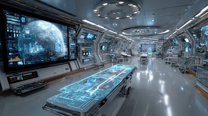 Fototapeta premium Futuristic medical bay with holographic displays and advanced technology, ready for scientific discovery and innovation.
