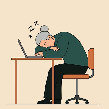 Older person asleep at desk with laptop, zzzs above head