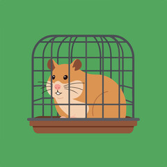 A small, fluffy, brown hamster sits inside a barred cage with a green background