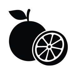 Vector art of a simple black and white icon representing a whole orange next to a sliced orange, isolated on a, perfect for healthy eating or citrusthemed designs