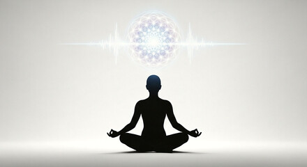 silhouette of person in meditation pose beneath glowing Flower of Life symbol and symmetrical energy wave representing the fusion of mindfulness geometry and cosmic energy