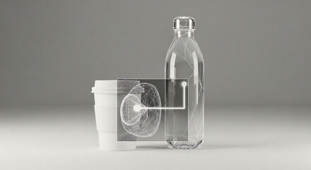 minimalist 3D render contrasting white paper coffee cup and clear water bottle with an abstract wireframe object bridging them symbolizing hydration sustainability and product analysis