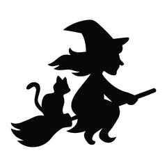Vector art of silhouette of a witch with a cat flying on a broomstick, , perfect for halloween decorations and spookythemed designs
