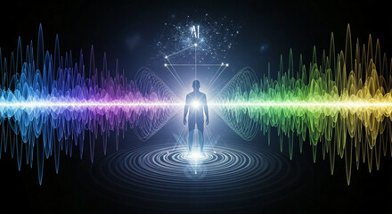 powerful digital artwork showing silhouetted human figure at the center of vibrant symmetrical sound waves and ripples with an AI node above representing the intersection of mind sound and technology