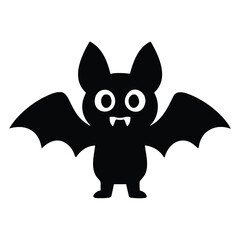 Vector art of cute black bat silhouette with large eyes and fangs, , ideal for halloween party invitations and childrens spooky themes
