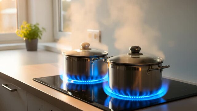 Two stainless steel pots on induction stove with blue flame, efficient cooking and energy saving in kitchen for Day of Energy Saving