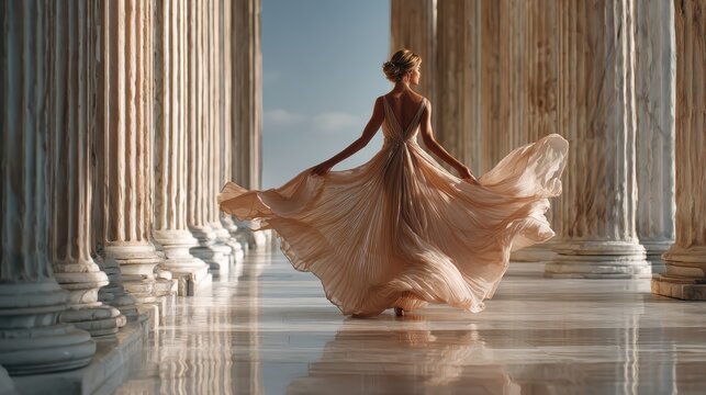 Elegant woman in flowing gown twirls gracefully amidst grand classical columns bathed in golden light