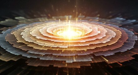 An intense mesmerizing fractal artwork depicting concentric layered energy bloom with bright golden white core symbolizing cosmic power growth and infinite technological complexity