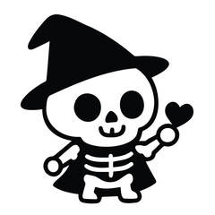 Vector art of cute cartoon skeleton wearing a witch hat and cape, holding a small heart