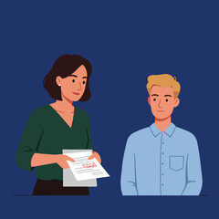 Fototapeta premium Woman presents document with checkmarks to a man