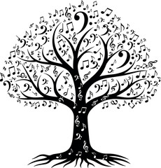 Musical tree with notes and clefs, abstract nature art combining music symbols, creative vector for education, decor, and design themes