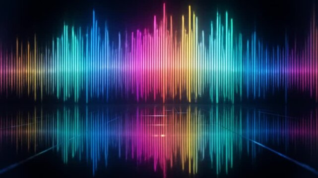 Colorful sound wave bar with glowing neon lights and reflections on a black background, audio visualization of musical energy. 4k video