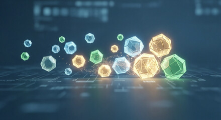 Vibrant abstract digital composition featuring scattered array of glowing multifaceted geometric polyhedra in blue and gold symbolizing data connectivity and ethereal digital information