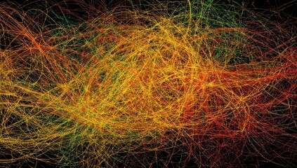 Abstract, chaotic composition with colorful, intertwined lines against a black background