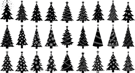 Set of 25 unique black Christmas tree silhouettes with festive decorations, ornaments, stars, and abstract holiday design elements