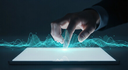 Businessman interacting with an abstract blue sound or data wave on futuristic glowing tablet screen