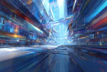 A vibrant, geometric cityscape with transparent structures and glowing light