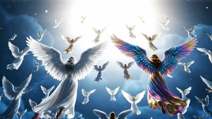 A celestial scene shows a multitude of radiant white and light blue winged figures soaring through a cloudy, illuminated sky. The composition evokes a sense of ascension, hope, and divine presence.