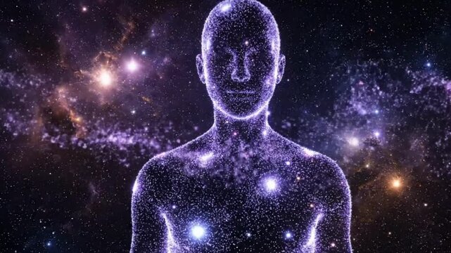 Cosmic Human Form. A stylized image depicting a transparent, humanoid figure superimposed against a backdrop of a purple-hued nebula or galaxy. The figure appears to be composed of or filled with star