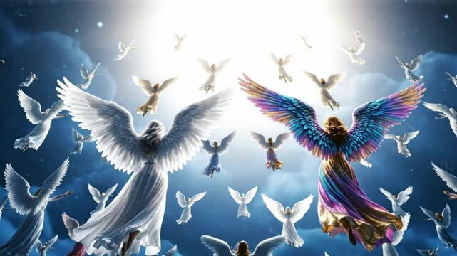 A celestial scene shows a multitude of radiant white and light blue winged figures soaring through a cloudy, illuminated sky. The composition evokes a sense of ascension, hope, and divine presence.