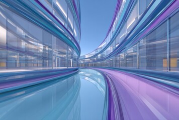 Futuristic, curved glass building with mirrored reflections, showcasing modern architectural design