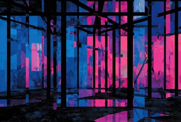 Abstract space featuring a black framework and colorful translucent panels reflecting light